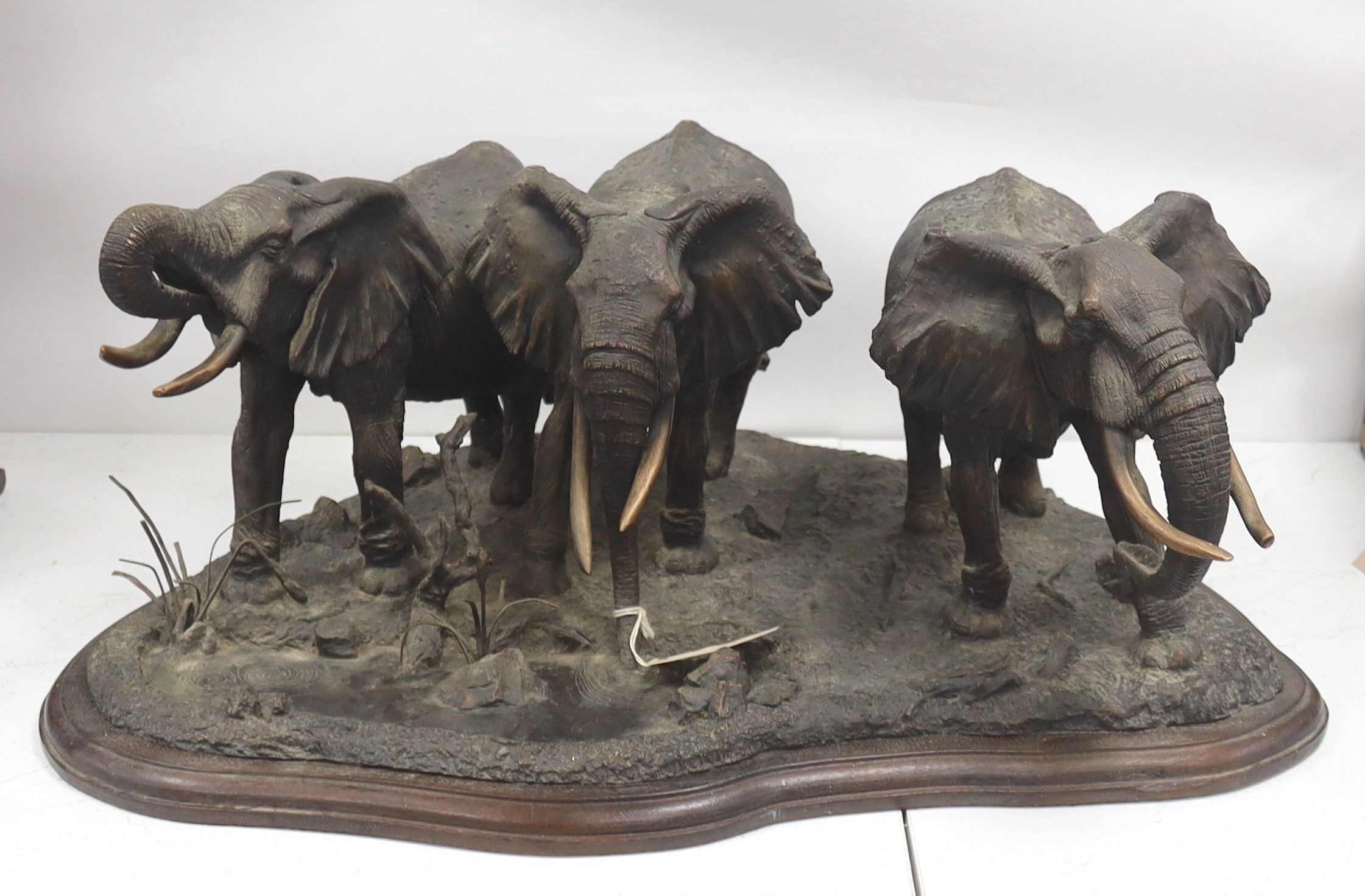 Tim Nicklin, bronzed resin group, Three elephants watering, 1989, 6/10, 71cm 70cm